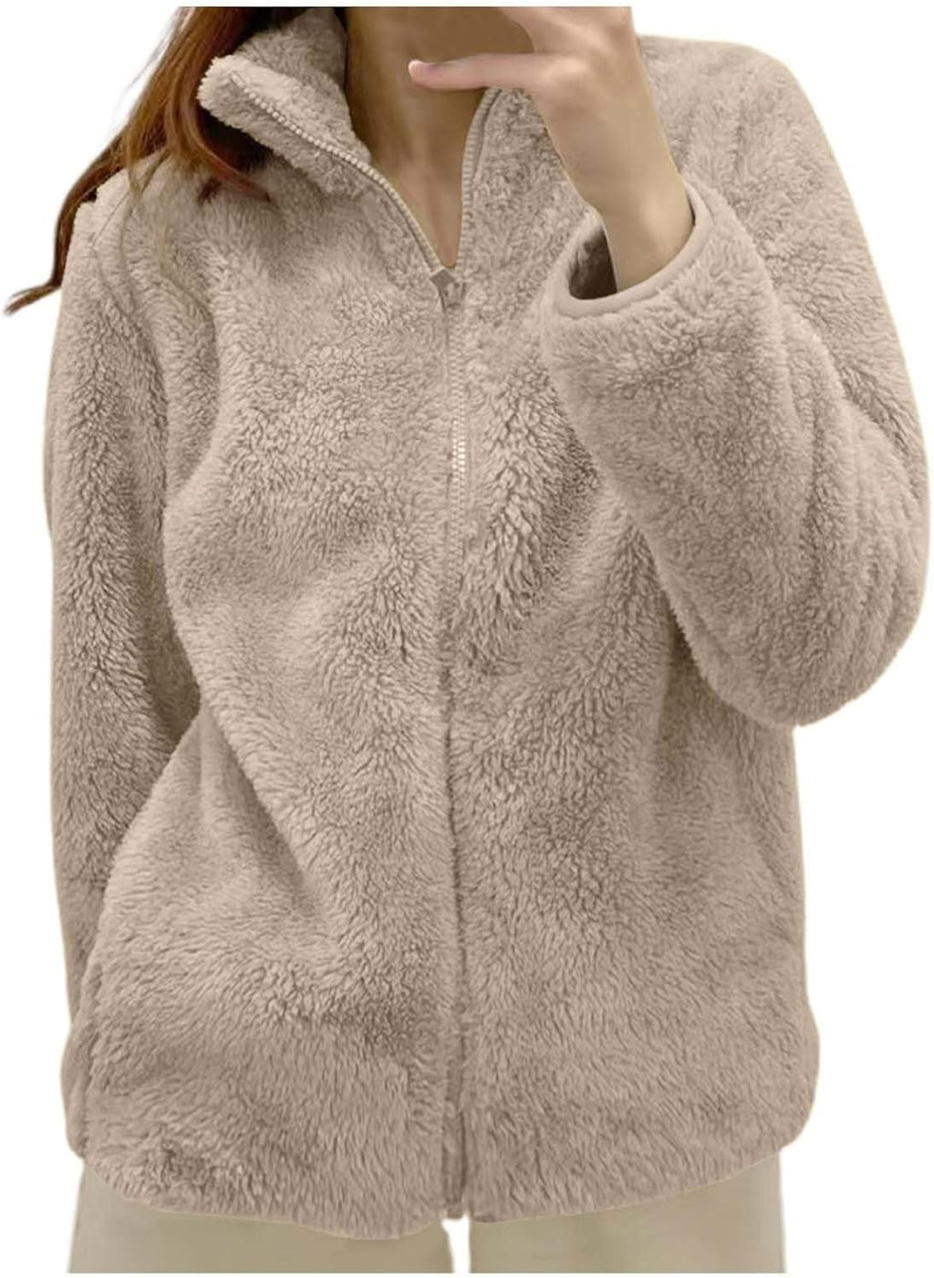 Fleece Winter Jackets for Women UK Fashion Warm Soft Fluffy Coats Causal Solid Color Long Sleeve Full Zip Jacket Elegant Callor Lapel Cardigans Ladies Teddy Fleece Outwear Gifts for Daily Holiday