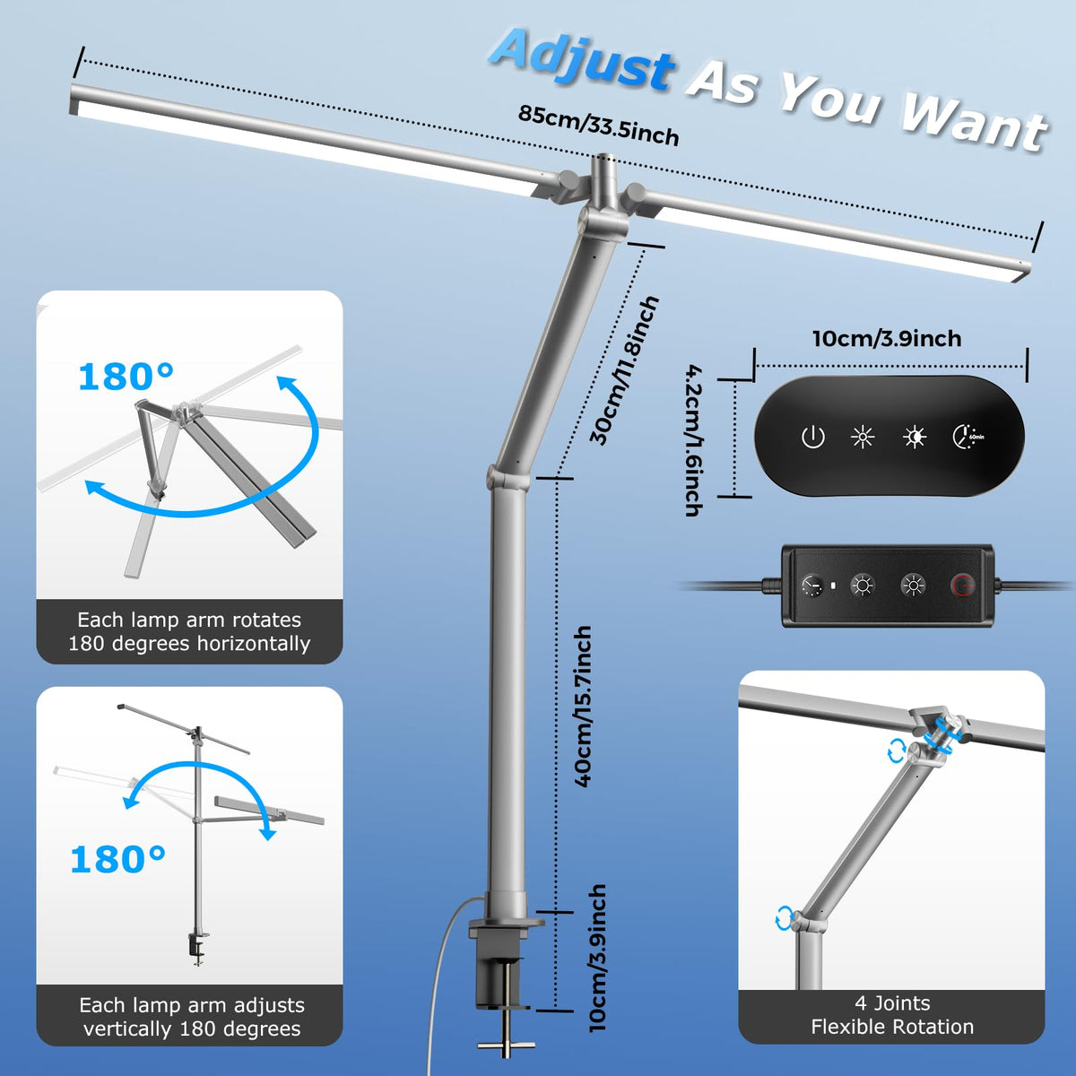 Airlonv LED Desk Lamp with Clamp, 17" Stepless Dimming Light, Black