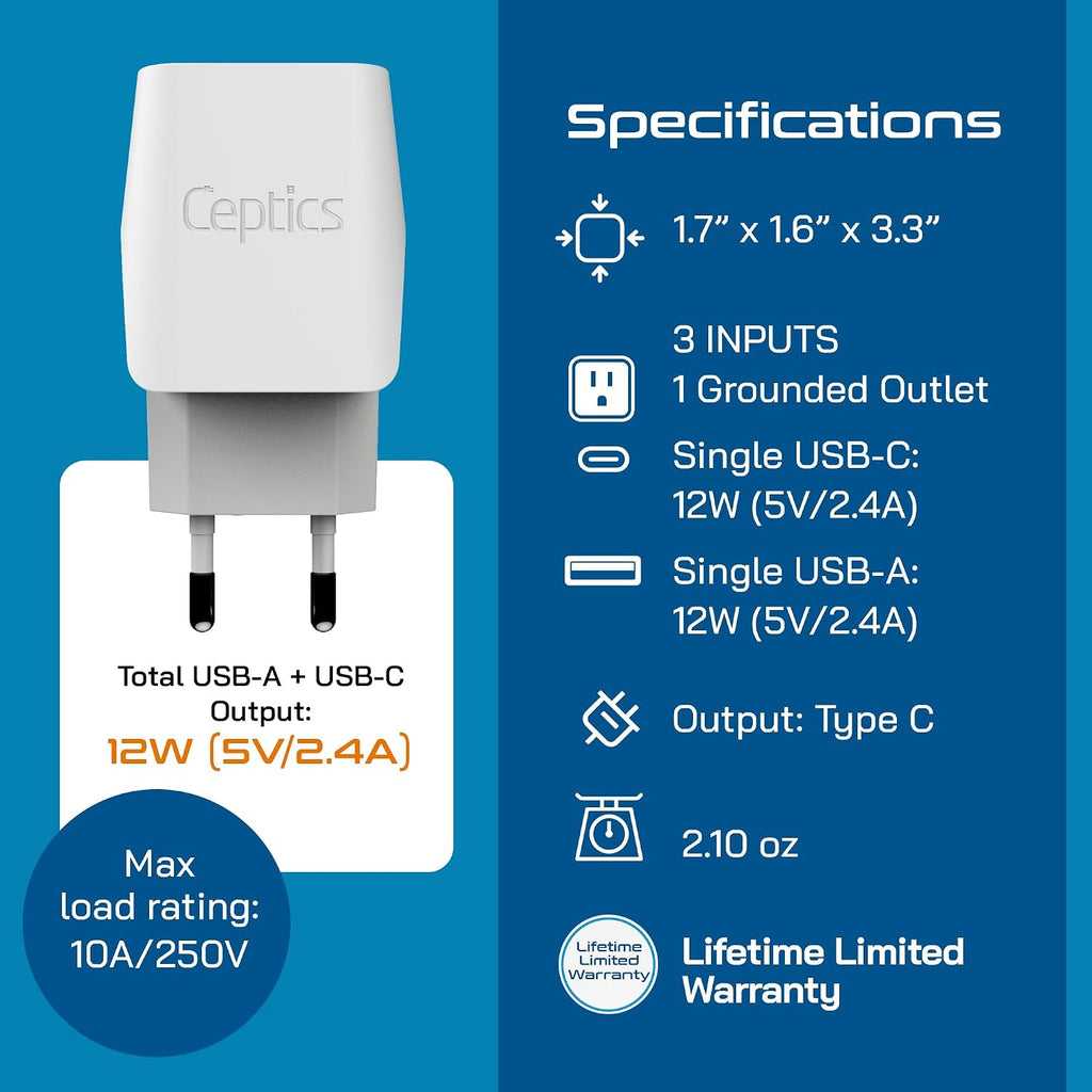 Ceptics 45W Universal Travel Adapter w/ 3 USB-A, 2 USB-C & Universal Input