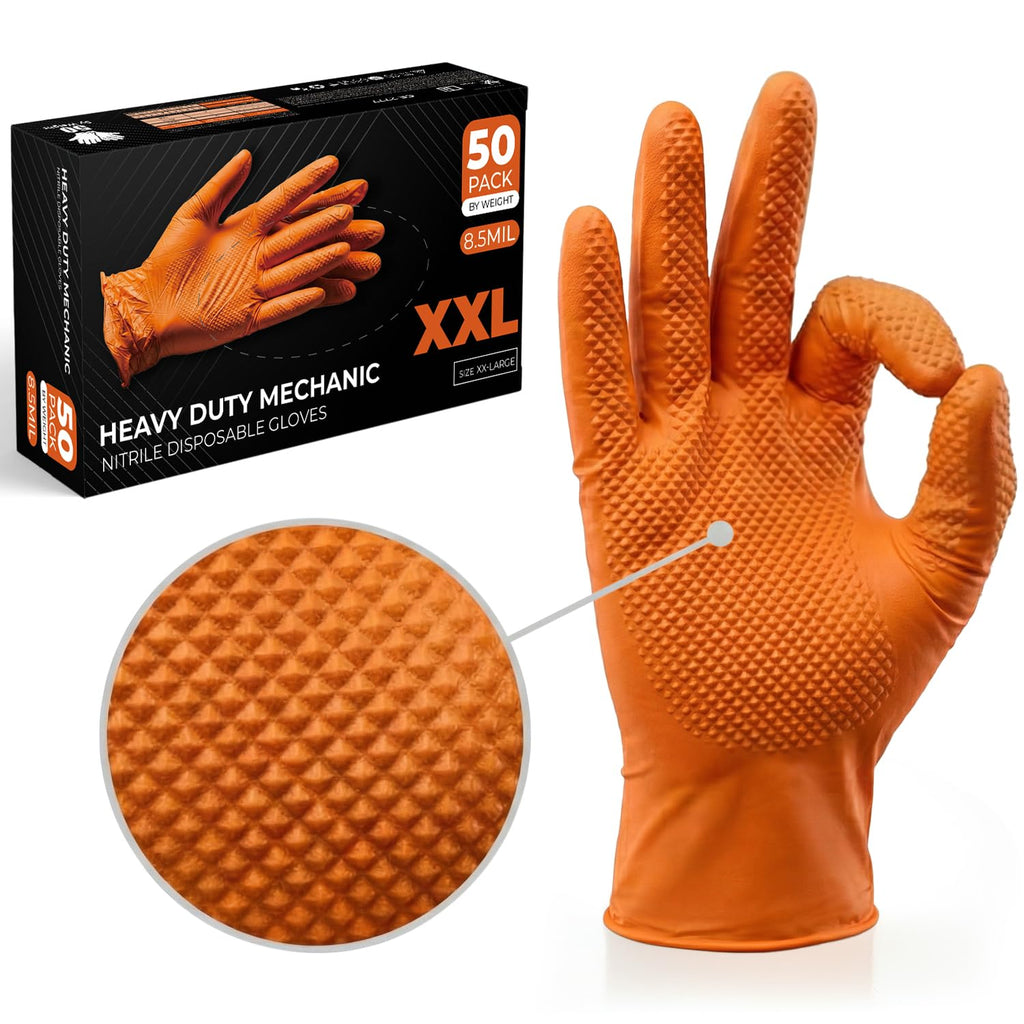 The Real Touch Nitrile Gloves, 50 Count, Heavy-Duty Disposable Mechanic Gloves, Diamond Textured, Latex & Powder-Free, Non-Slip, Extra Thick, Ideal for Automotive, Industrial Tasks (Black - 50, L)