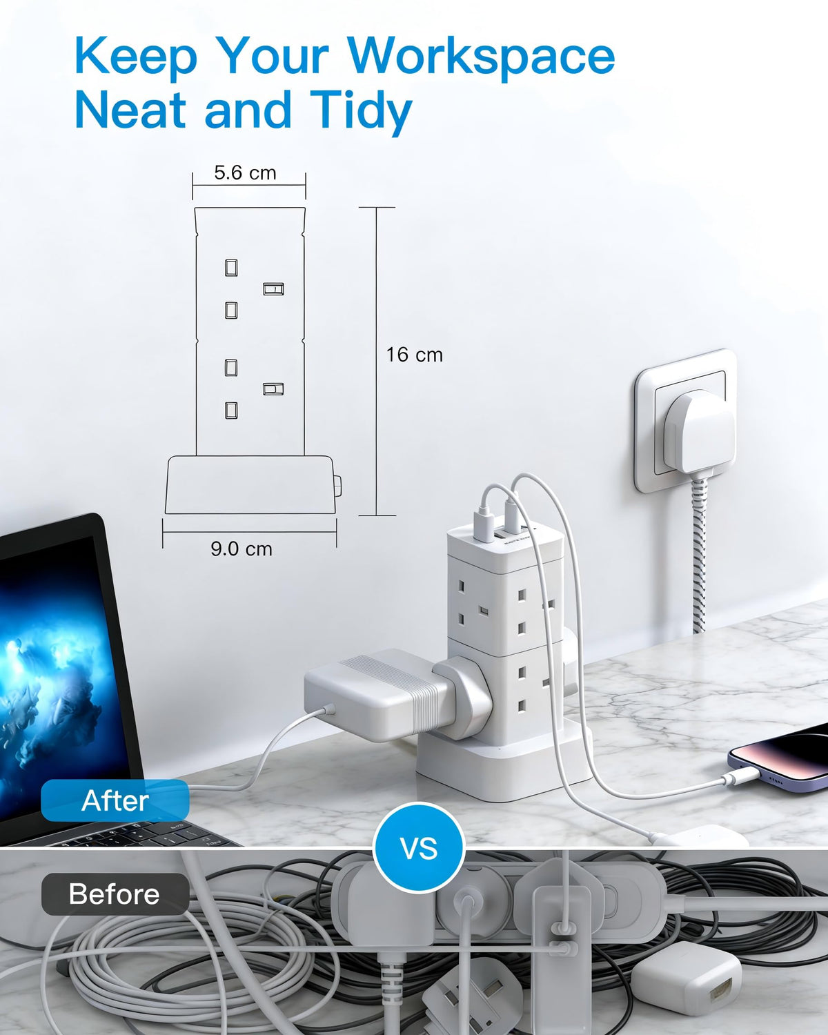 3M Tower Extension Lead with 2 USB C Slots, 8 Way Outlets Power Strip, 10Ft