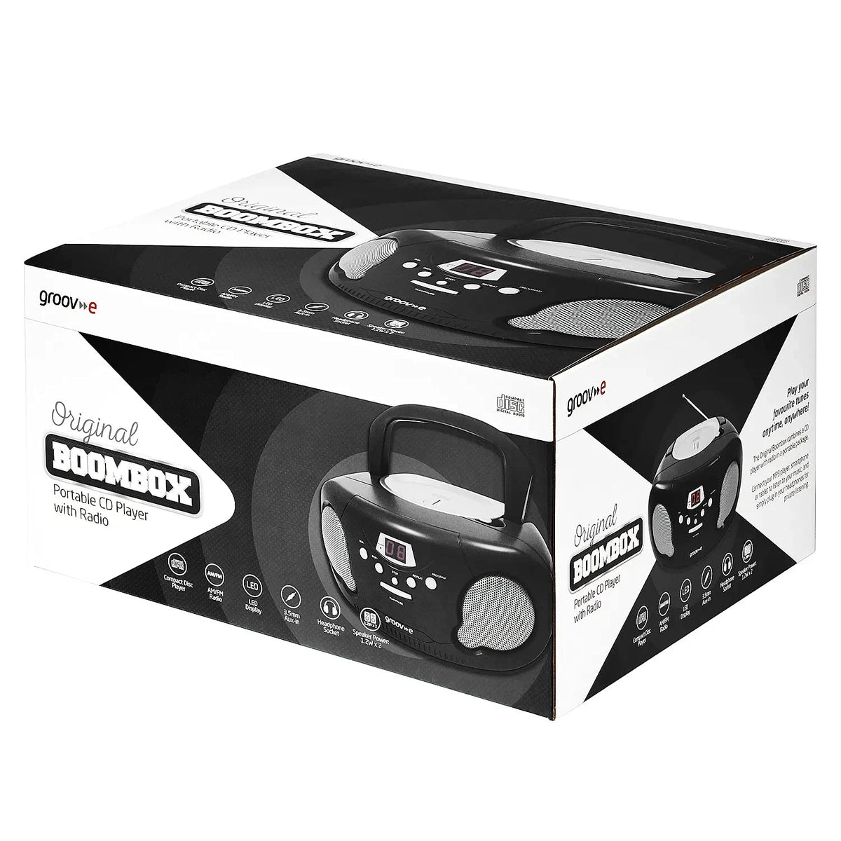 Groov-e Original Boombox - Portable CD Player with Bluetooth, Radio, 3.5mm Aux Port, & Headphone Socket - LED Display, 2 x 1.2W Speakers - Battery or Mains Powered - Blue