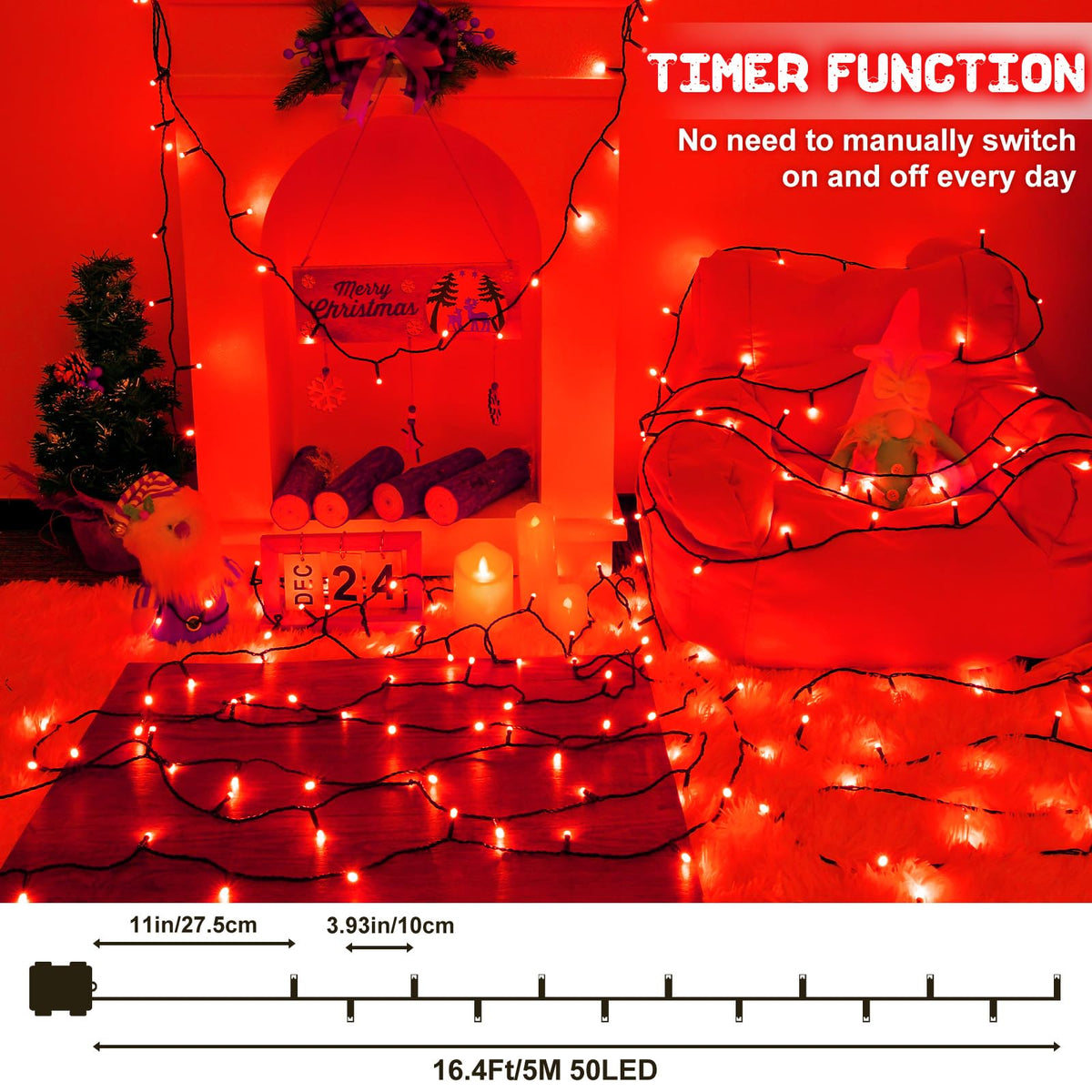 Christmas Lights Outdoor Battery Operated String Lights Total 100LED 33Ft with Timer 8 Modes 16.4Ft*2 Waterproof Outdoor Indoor for Christmas Decor, Warm White, 2-Pack