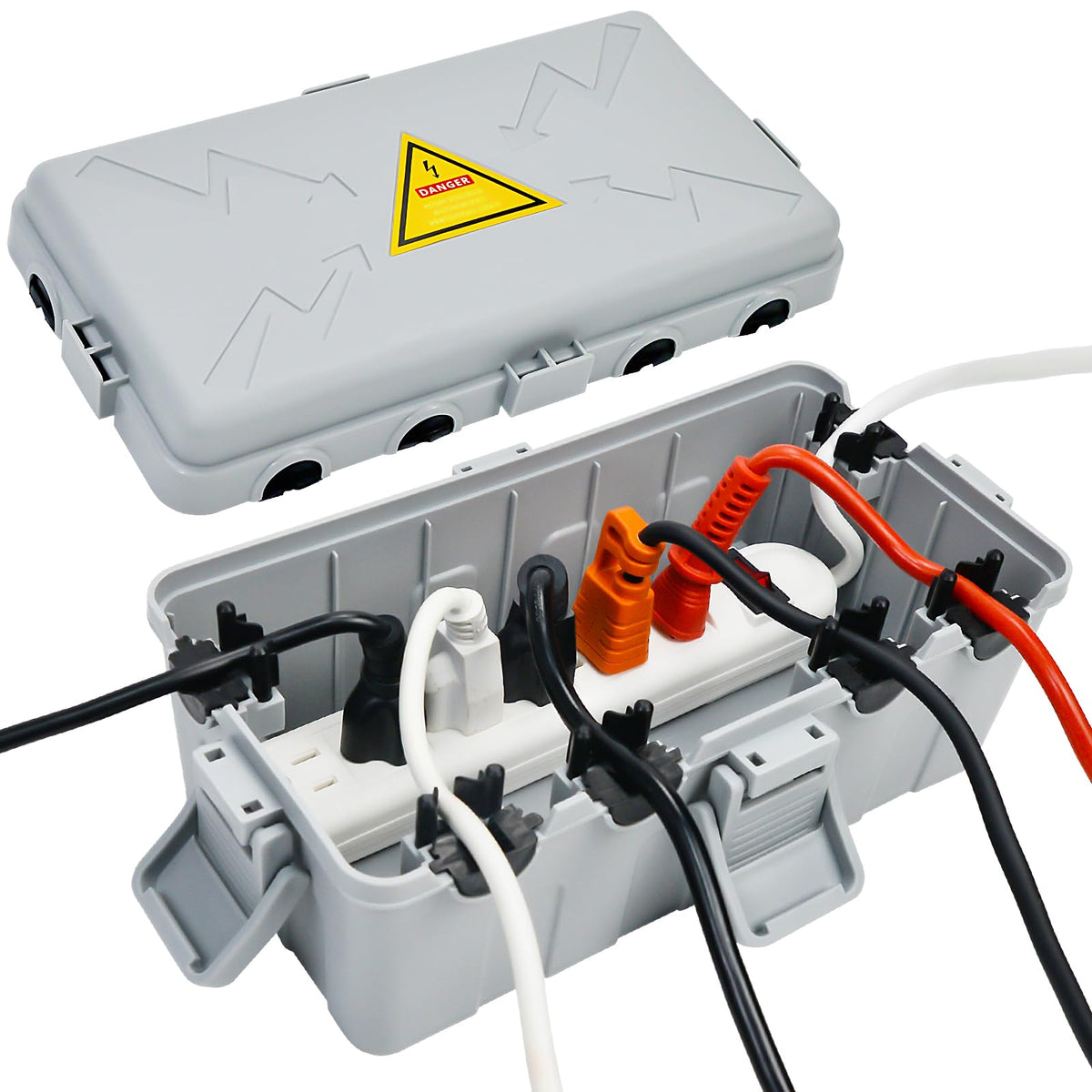 Hrensaw Medium Outdoor Electrical Box(10.6x5.5x4.5inch),Weatherproof Connection Box w/6 Cable Entry,IP54 Waterproof Extension Cord Cover Protect Power Strip,Timer,Plug,Holiday Lights,Black