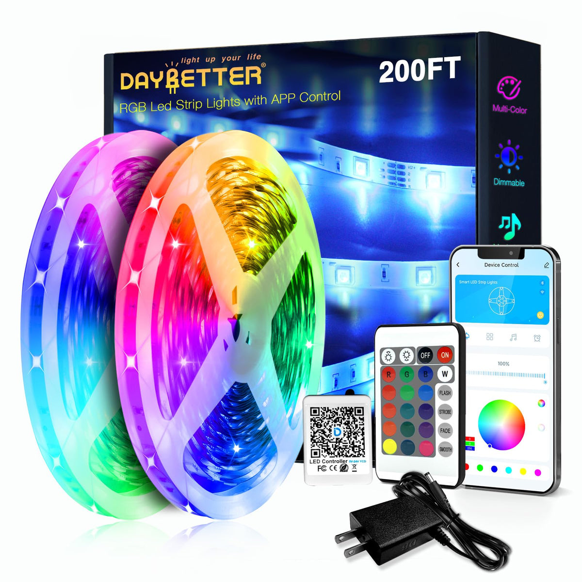 DAYBETTER LED Strip Lights 110ft RGB Music Sync Smart App Control 1 Roll