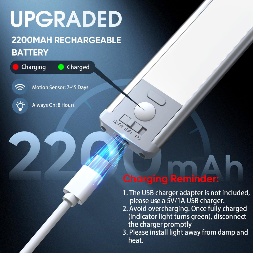 MCGOR 10inch Under Cabinet Lighting, 2 Pack Rechargeable Motion Sensor Light Indoor, 5 Levels Dimmable Magnetic Closet Lights, Wireless Under Counter Lights for Kitchen, Stairs