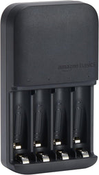 Amazon Basics Battery Charger for Rechargeable AA and AAA NiMh Batteries – UK Plug, 4-Bay, Black