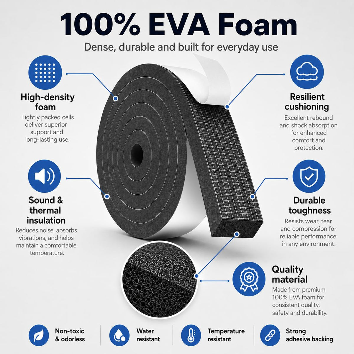 EVA Weather Stripping Foam Insulation Tape with Adhesive Foam Door Seal Weather Strip for Door Frame/Window/Gaps/Insulation/Buffer