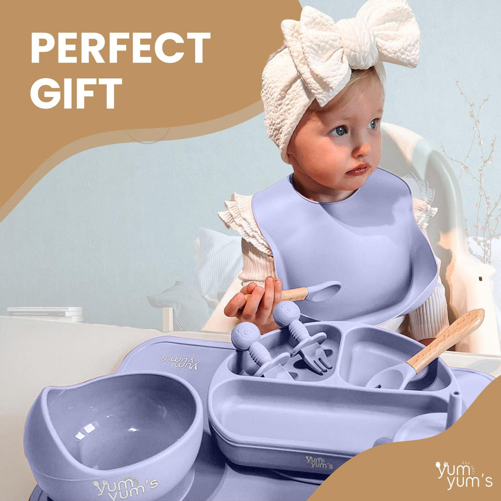Yum Yum's Baby 10 Pcs Blue Weaning Set - Complete Toddler Feeding Kit w/Sectioned Plate, Suction Bowls, Cutlery with Mouth Guard, Straw Cup, Bib & Mat - Non-Slip - for Toddlers & Baby Gift