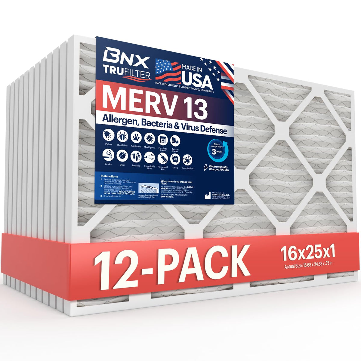 BNX TruFilter 20x20x1 Air Filter MERV 13 Smoke, Allergy, Pet Defense 6-Pack