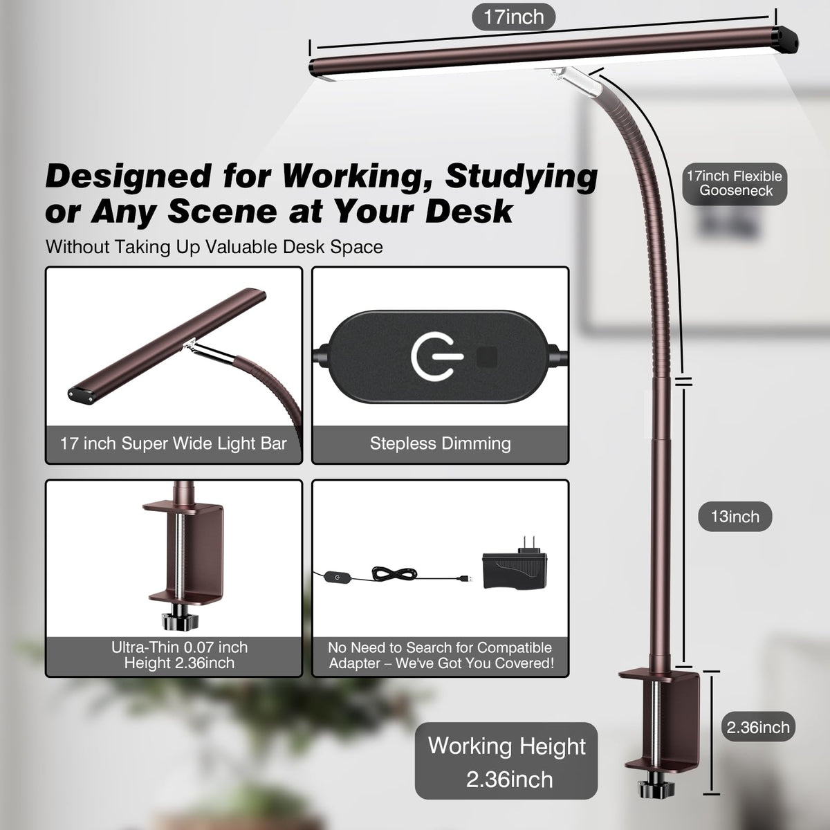Airlonv LED Desk Lamp with Clamp, 17" Stepless Dimming Light, Black