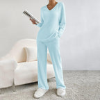 Lounge Wear Sets For Women Uk, Womens Pyjamas Set Long, Ladies Ribbed Loungewear Knit Outfits Womens Tracksuits 2 Piece Set V Neck Casual Casual Homewear