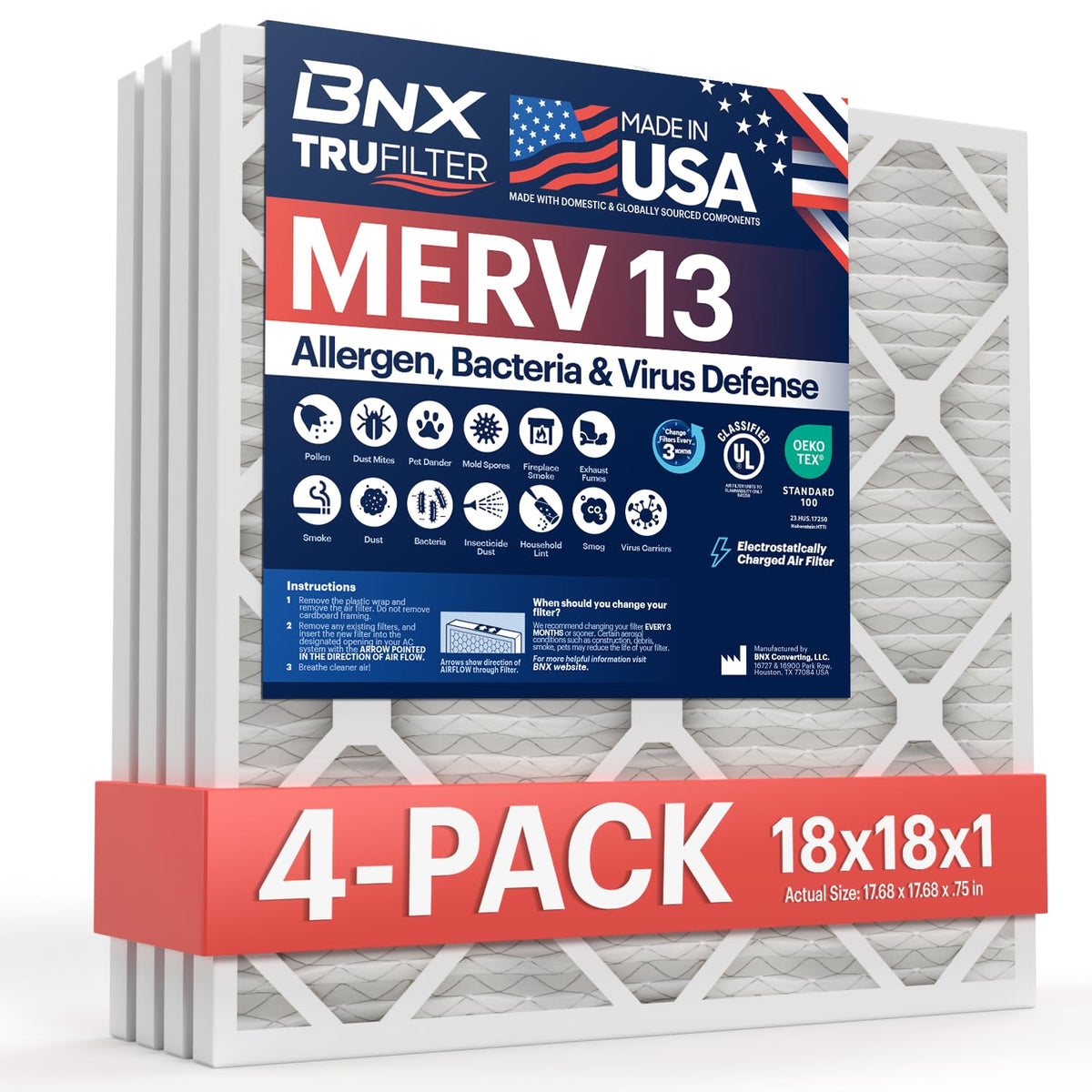 BNX TruFilter 20x20x1 Air Filter MERV 13 Smoke, Allergy, Pet Defense 6-Pack