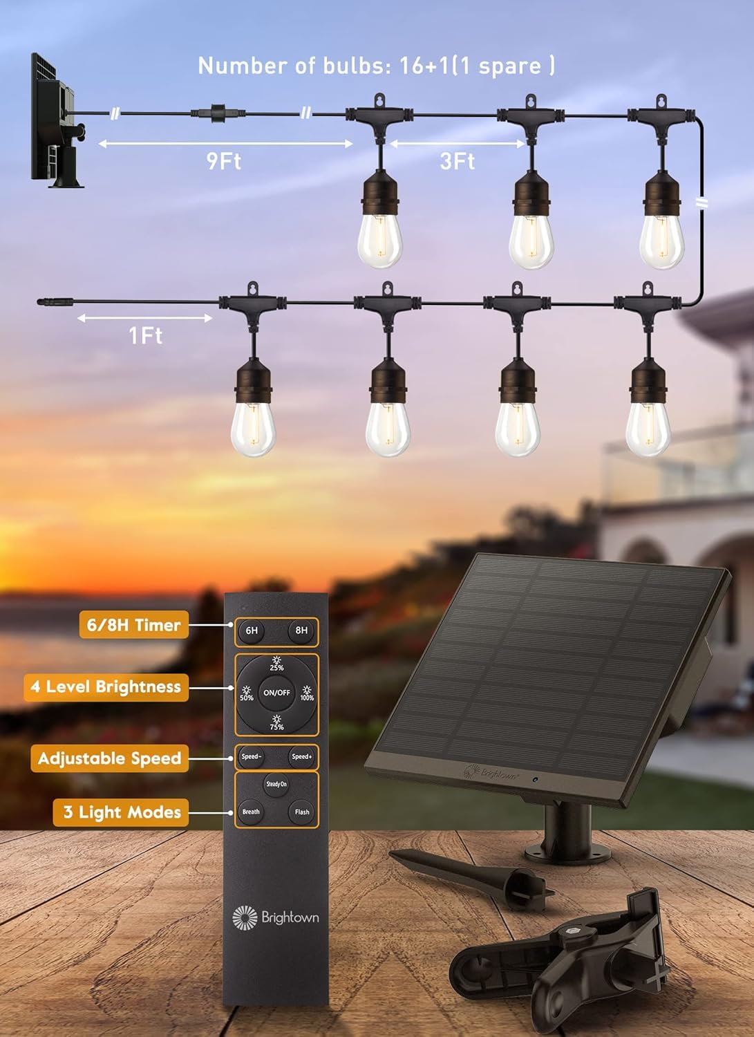 Brightown 52FT Solar String Lights Outdoor Waterproof, Last 30+ Hrs Runtime