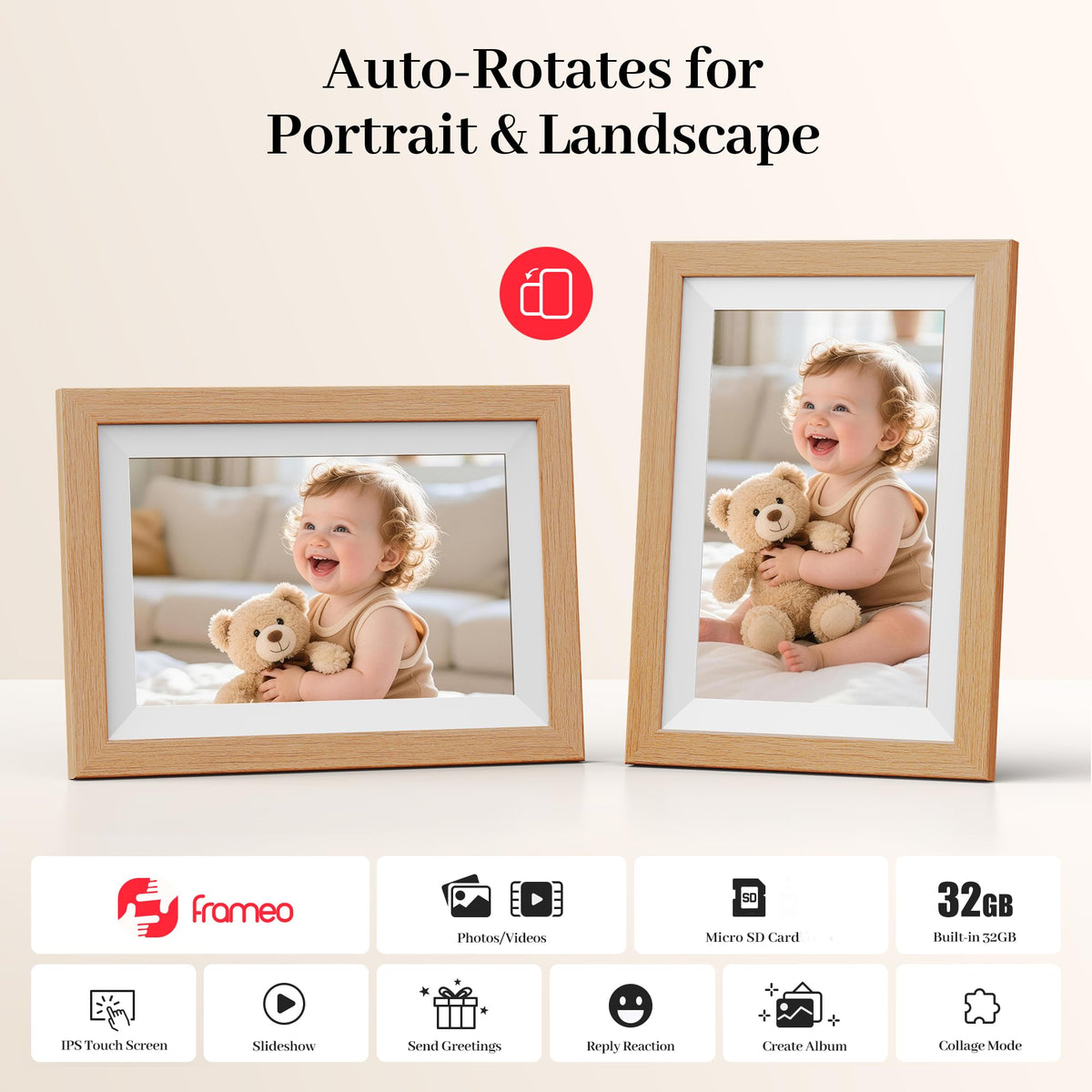 Frameo WiFi Digital Photo Frame 10.1 Inch - 1280x800 HD IPS Touch Screen Picture Frame Electronic, 32GB Memory, Auto Rotate, Wall Mountable, Digital PictureFrame for Sharing Photos and Videos