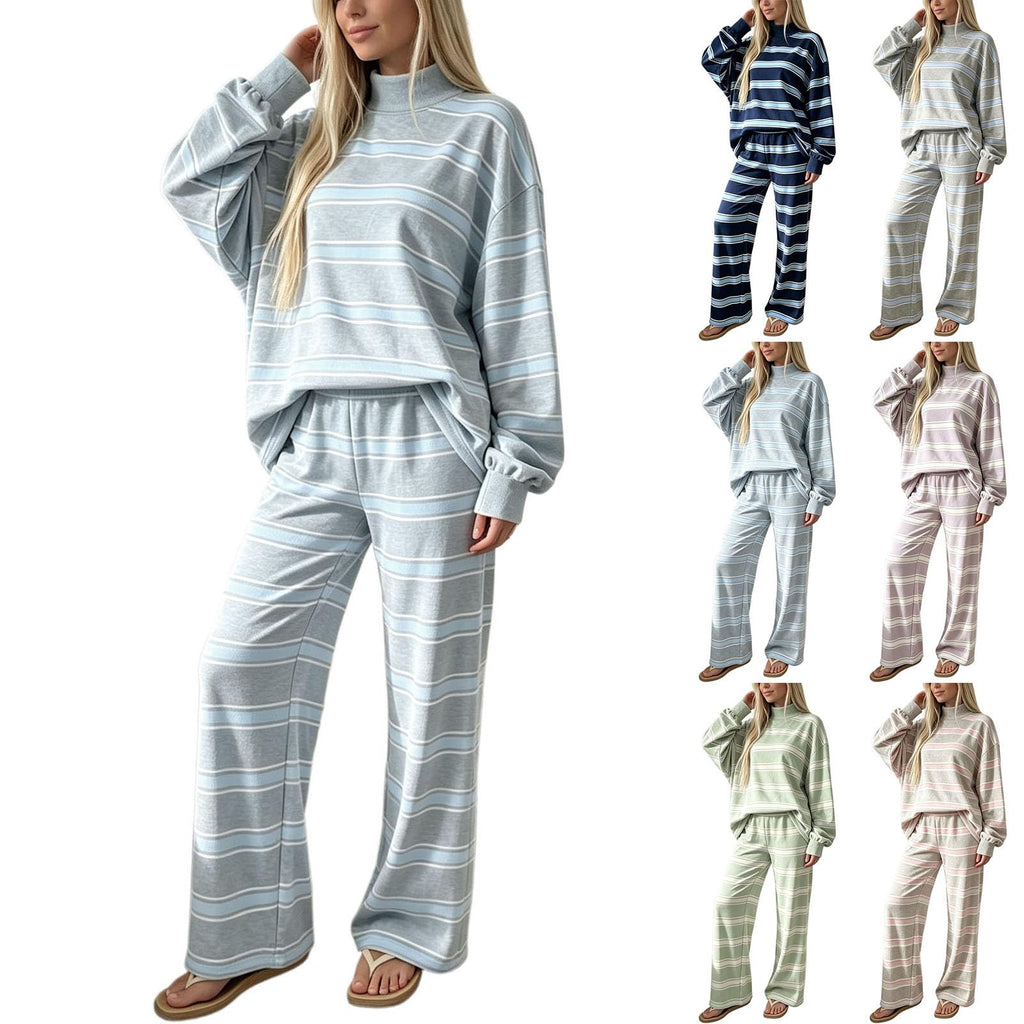 Striped Lounge Wear Sets for Women UK 2 Piece Outfits Loungewear Travel Matching Pyjamas Sets Mock Neck Oversized Knitted Jumper Long Sleeve Top and Wide Leg Pants Fall Winter