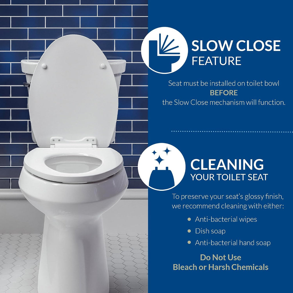 Mayfair Linden Slow Close Toilet Seat, Non Slip Heavy Duty Wood, Easy Install, Elongated, White