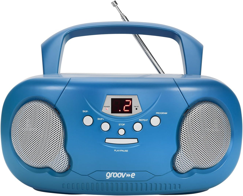 Groov-e Original Boombox - Portable CD Player with Bluetooth, Radio, 3.5mm Aux Port, & Headphone Socket - LED Display, 2 x 1.2W Speakers - Battery or Mains Powered - Blue
