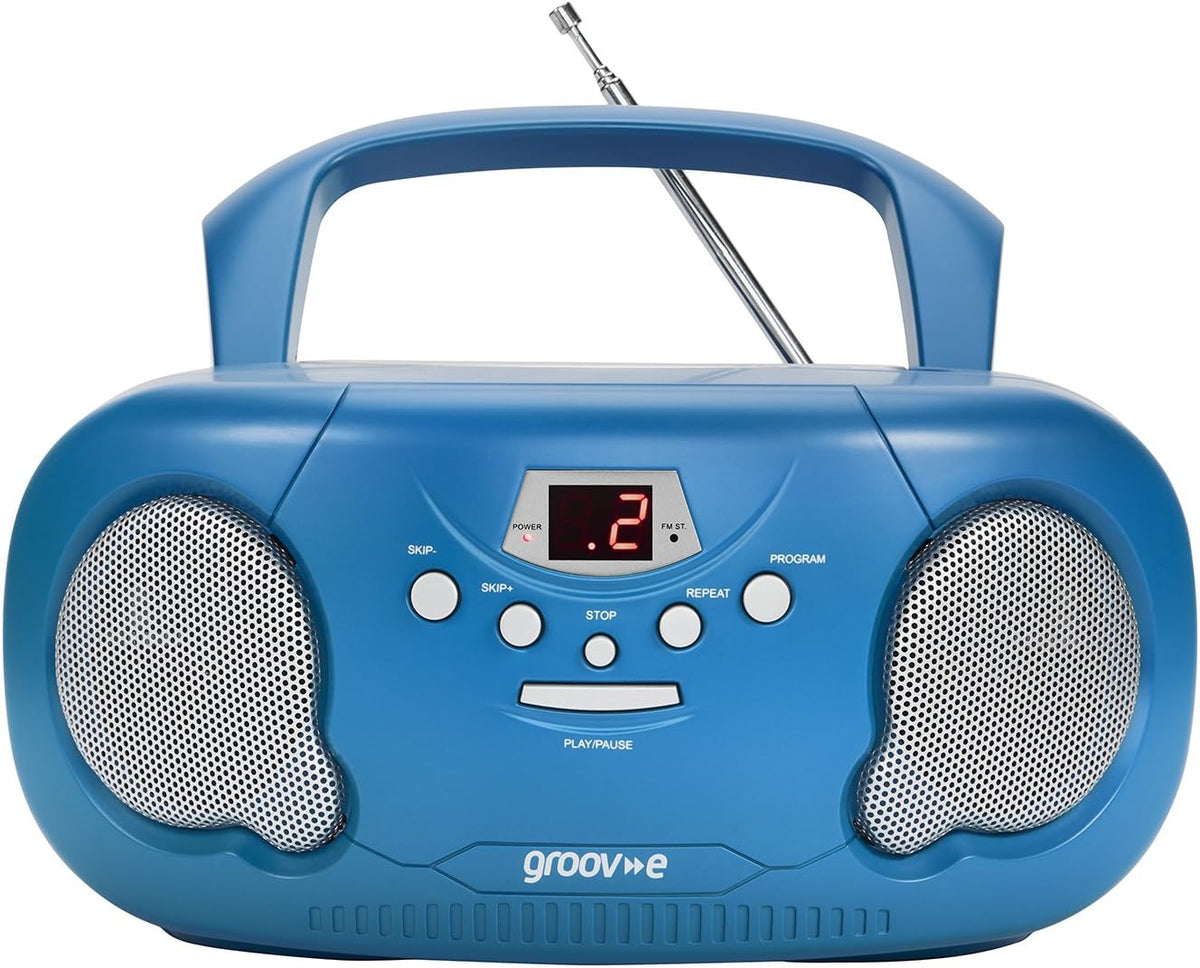 Groov-e Original Boombox - Portable CD Player with Bluetooth, Radio, 3.5mm Aux Port, & Headphone Socket - LED Display, 2 x 1.2W Speakers - Battery or Mains Powered - Blue