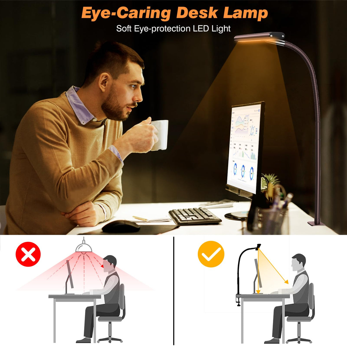 Airlonv LED Desk Lamp with Clamp, 17" Stepless Dimming Light, Black