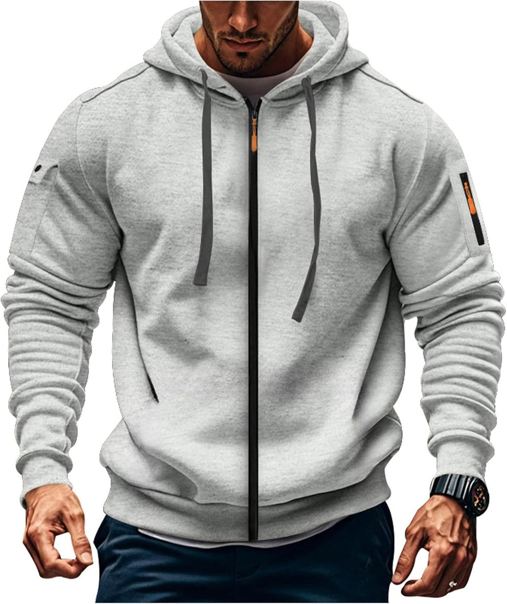 Mens Hoodie Long Sleeve Pullover Zipped with Drawstring Hood and Pocket Cuffed Shirts Hoody Fleece Slim Fit Casual Winter Oversized Hooded Sweatshirts Jacket Streetwear
