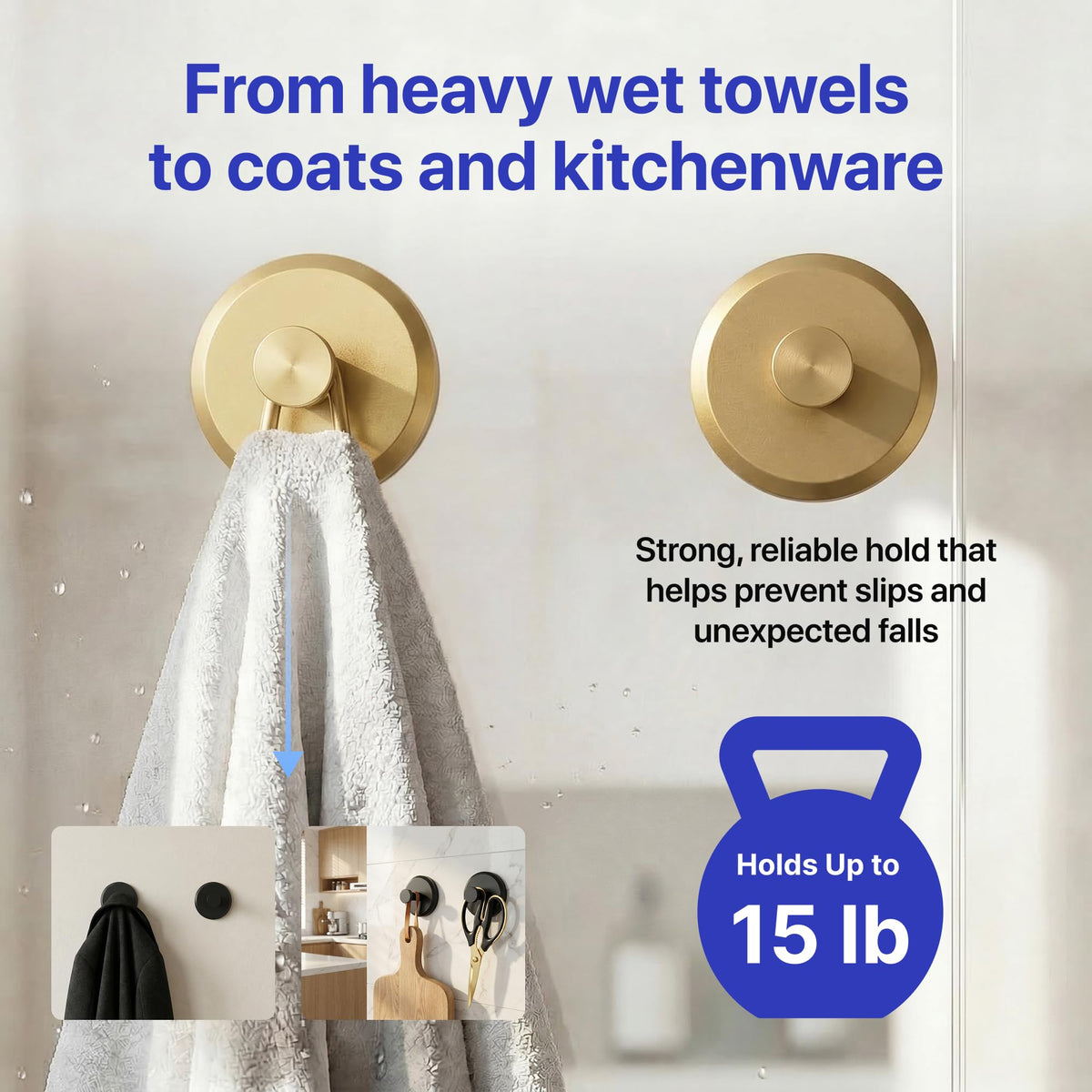 HOME SO Suction Cup Hooks for Shower & Bathroom Towel Holder 2-Pack Black