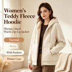 Womens Teddy Fleece Hoodies Sherpa Lined Fuzzy Jacket with Pockets Full Zip Hooded Adjustable Sweatshirts Ladies Winter Warm Jumper Coat Outwear Thermal Outfits Clothing