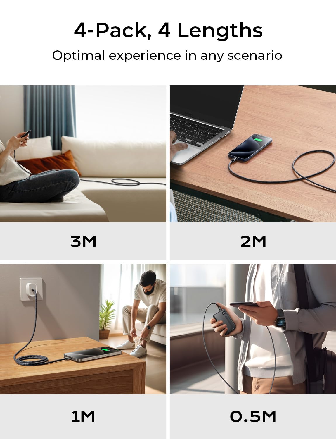 LISEN USB C to USB C Cable Charger 60W 4-Pack [0.5/1/2/2M] USBC to USBC