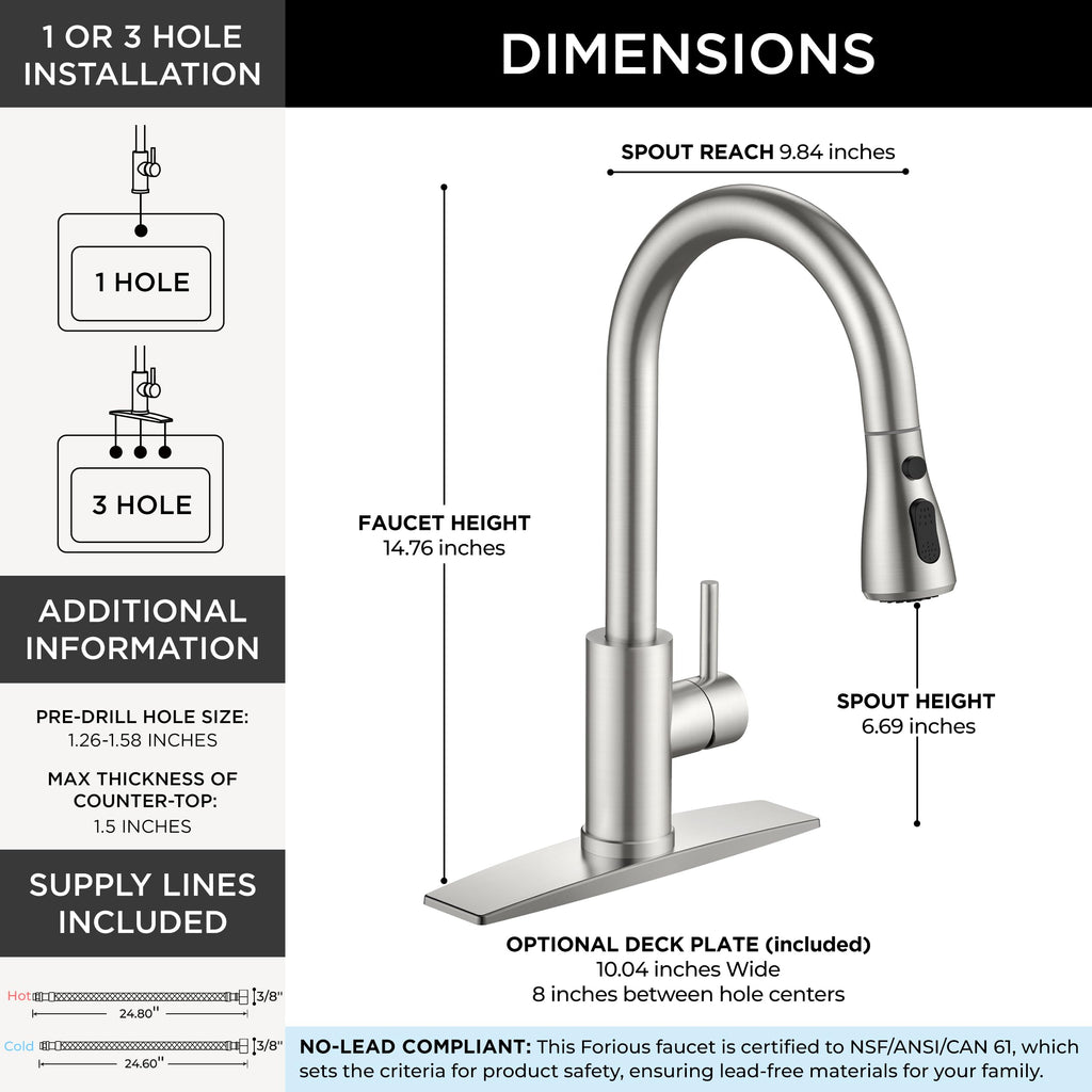 FORIOUS Kitchen Faucet with Cup Washer, Pull Down Sprayer, Brushed Nickel