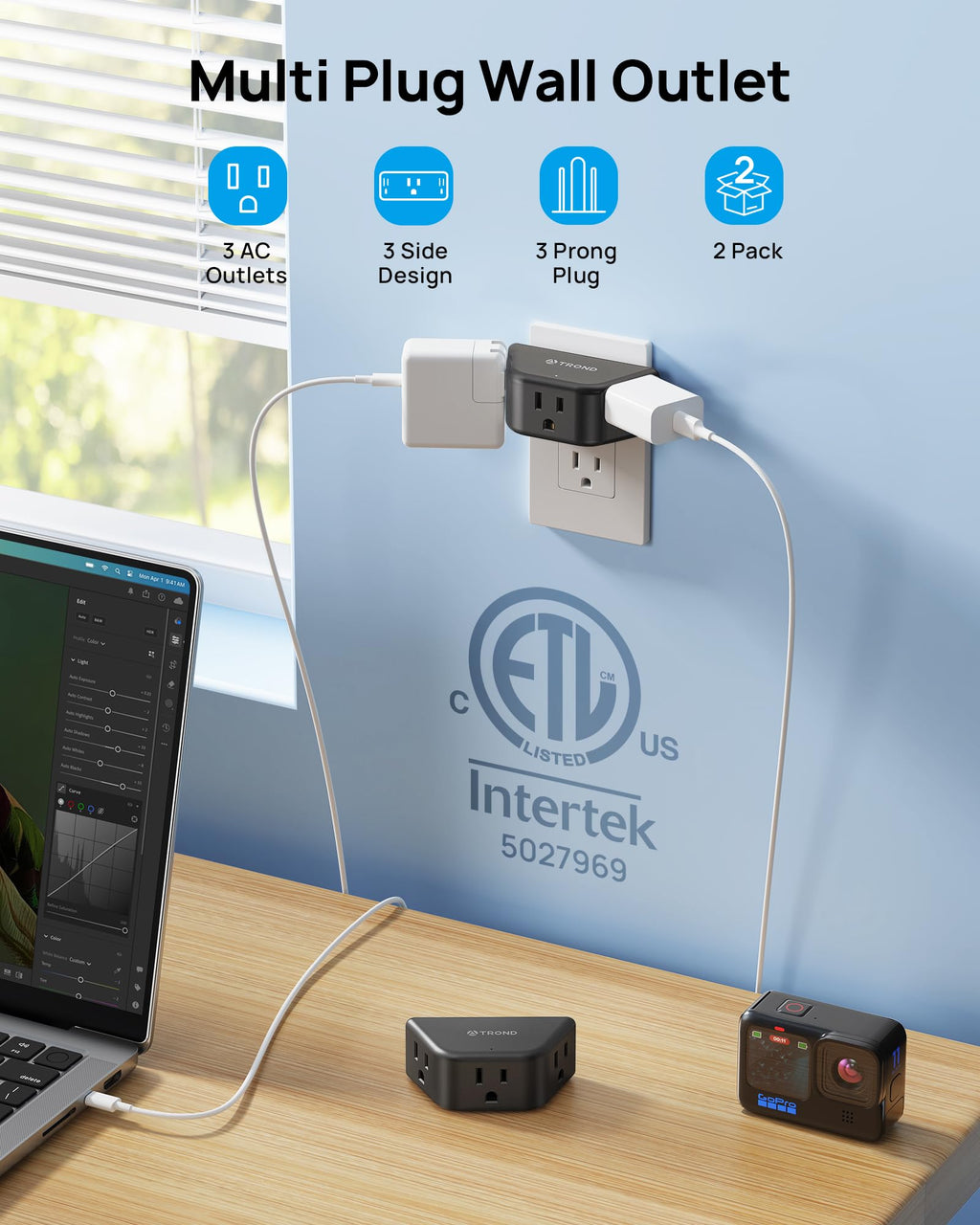 TROND Multi Plug Outlet Extender with USB, 2 Pack Plug Splitter