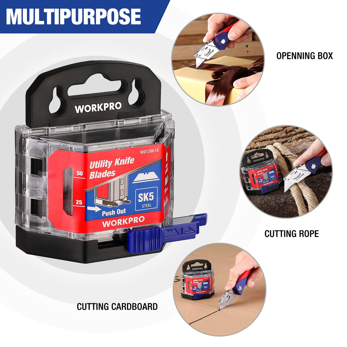 WORKPRO Utility Knife Blades, 100-Pack SK5 Steel Blades with Dispenser