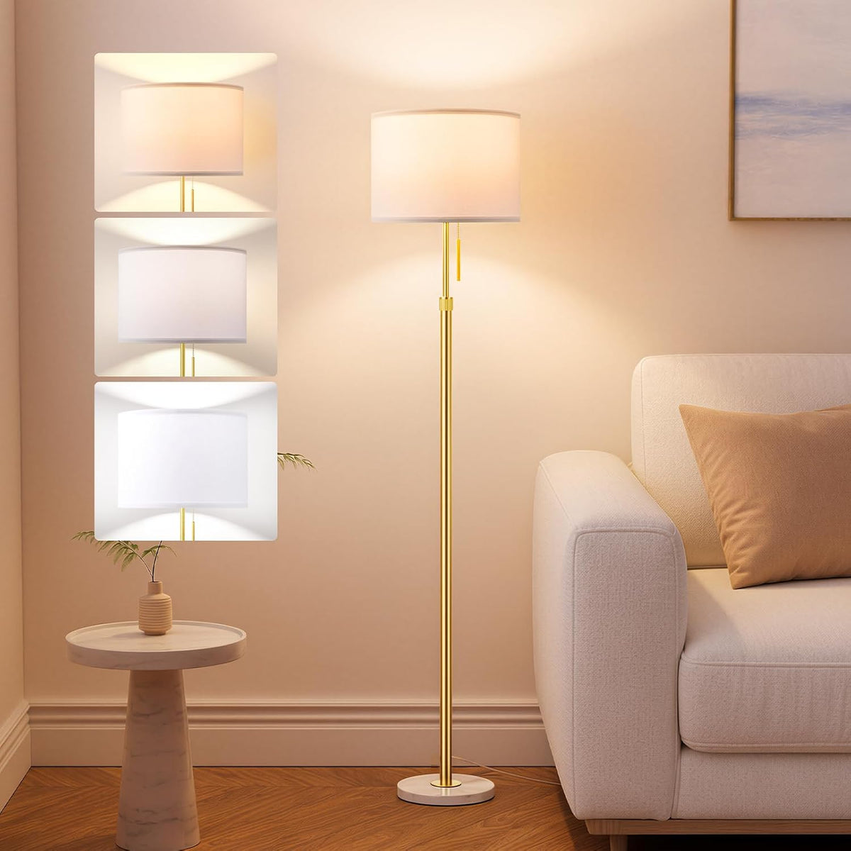 Ambimall Floor Lamp for Living Room with Smart Light Bulb, RGB + Stepless Dimmable Colors Temperature & Brightness(White Shade & Black Pole)
