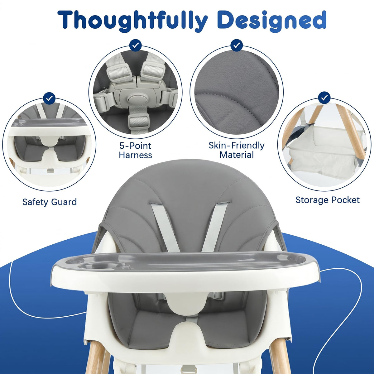 Baby High Chair Foldable Highchair, High Chairs for Babies and Toddlers Adjustable Height & Reclining Seat Detachable Double Tray, Ergonomic Feeding Portable Highchairs for Newborn 6 Months to 5 Years