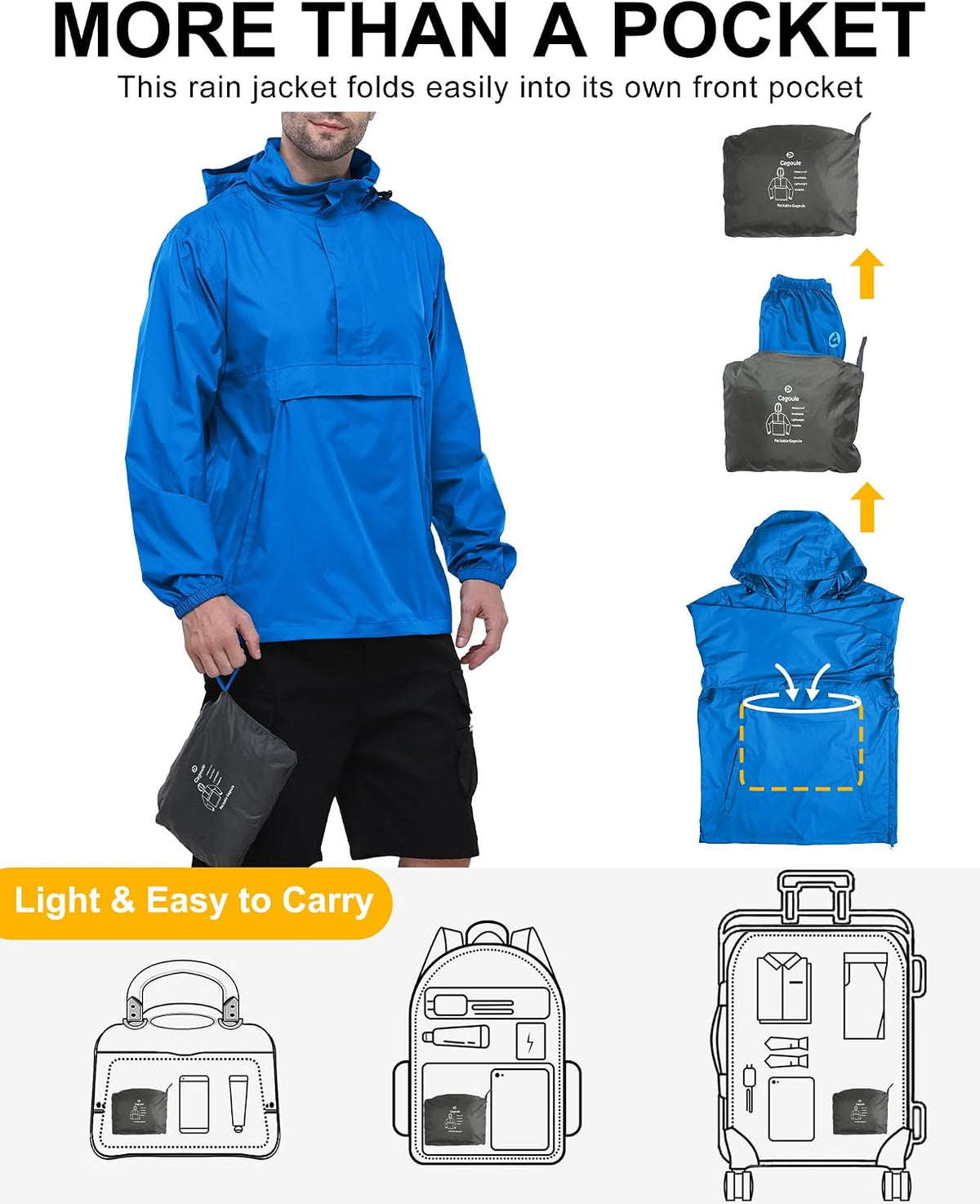 Outdoor Ventures Men's Waterproof Rain Jacket Packable Hooded Pullover