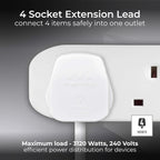 Masterplug Four Socket Extension Lead, 2 Metre Cable, Unswitched, 4-Way Plug Extension Cable, Power Strip, Basic Power, White, 13A, 4G, 2m, BFG210N