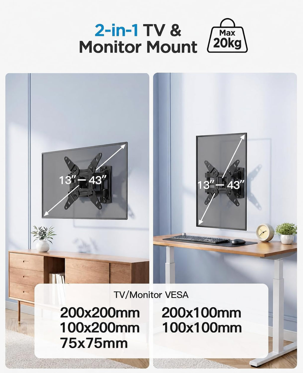PERLESMITH TV Wall Bracket for 13-43 inch TVs, Swivel Tilt Extend Wall Mount for Flat & Curved TV up to 20kg, Max.VESA 200x200mm