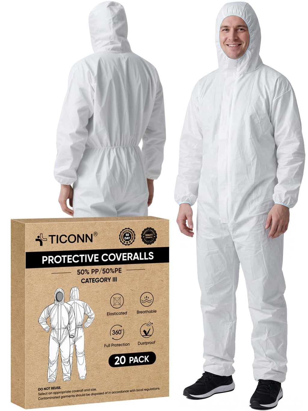 TICONN Hazmat Suit Disposable Coveralls, Full Body Lab Overall Paint Suit