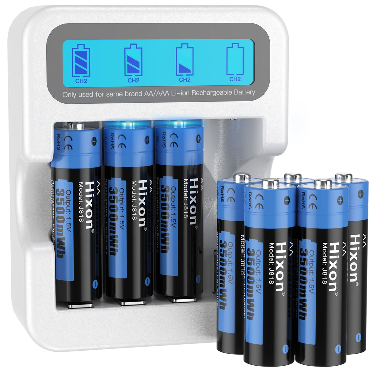 Hixon AA Rechargeable 1.5V Lithium Battery 4 Pack with LCD Charger, 3A High Current Output,3500mWh High Capacity, Constant Output,1600 Cycles,Long Lasting