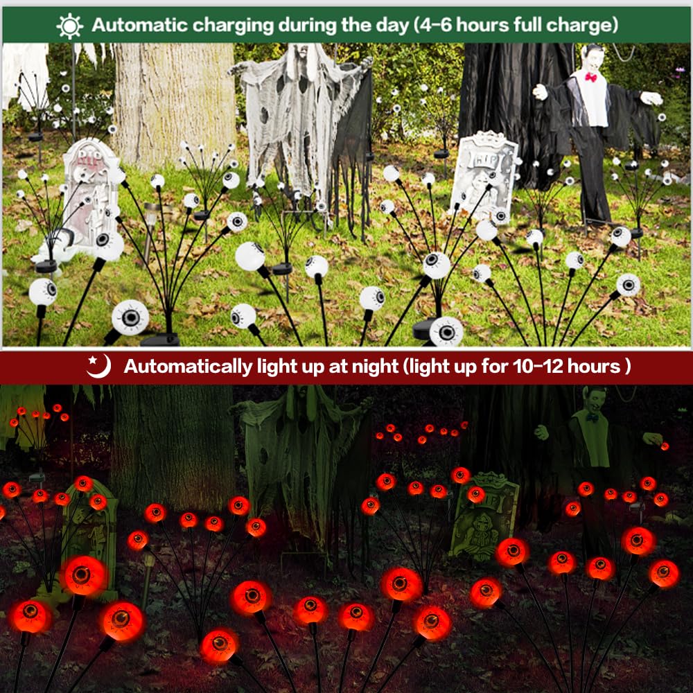 BeHiller Halloween Decorations Outdoor Solar Scary Eyeball Lights,2PACKS 12LED Green Eyeball Swaying Firefly Lights,Waterproof Solar Halloween Path Lights for Yard/Garden/Lawn/Party Decor