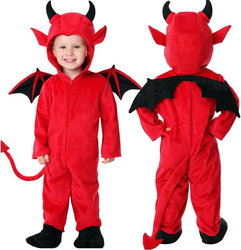Toddler Halloween Devil Jumpsuits Flannel Front Zipper Hooded Devil Onesie Costume with Wing Fleece Warm Jumpsuit Kids Birthday Party Performance Outfit