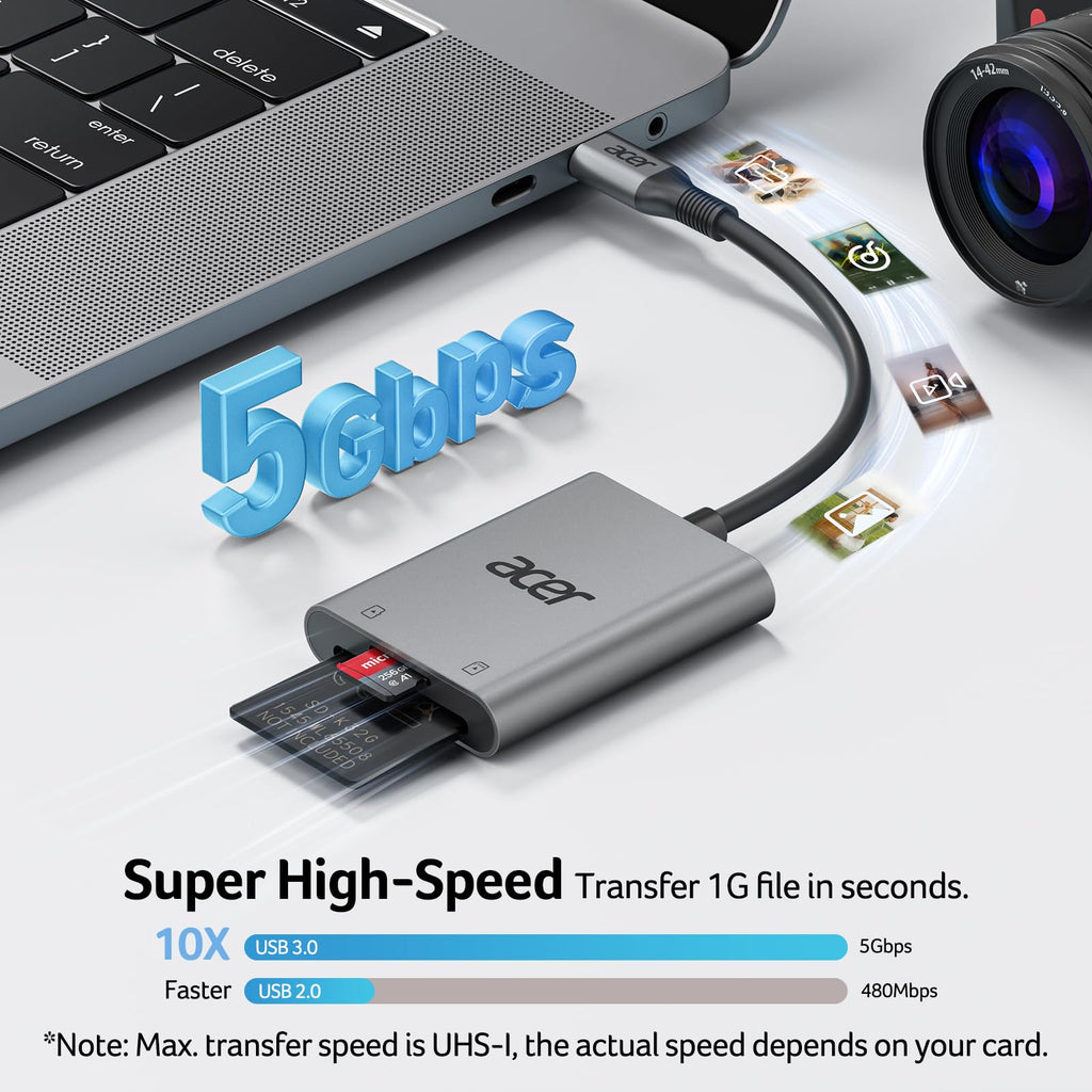 Acer USB-C SD Card Reader, High Speed Type-C Micro SD Card Adapter, USBC External Memory Card Reader SDXC, Micro SDXC Card, Compatible with MacBook Pro/Air, Acer Laptop, iPhone 16, Camera -Silver
