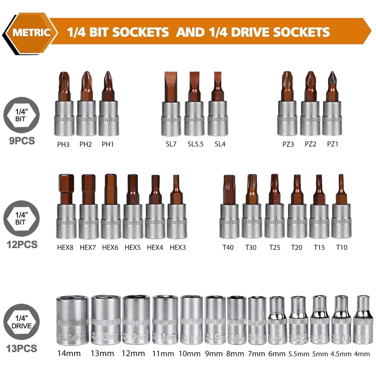 Egofine 46 Pieces 1/4 inch Drive Socket Ratchet Wrench Set, with Bit Socket Set Metric and Extension Bar for Auto Repairing and Household, with Storage Case