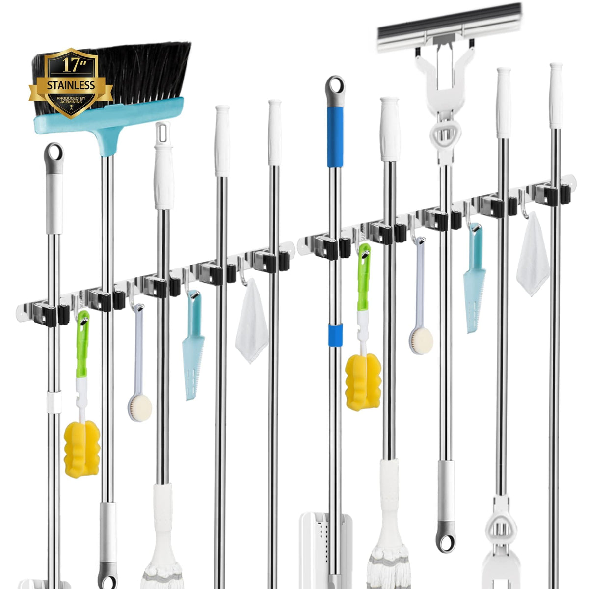 AceMining Broom Holder Wall Mount, 5 Racks 4 Hooks Heavy Duty Mop Organizer