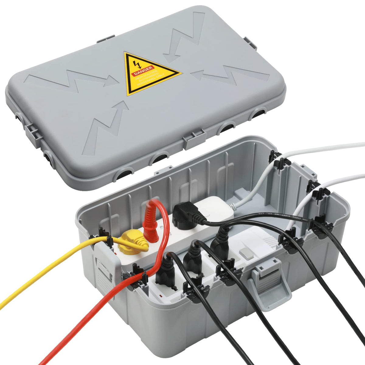 Hrensaw Medium Outdoor Electrical Box(10.6x5.5x4.5inch),Weatherproof Connection Box w/6 Cable Entry,IP54 Waterproof Extension Cord Cover Protect Power Strip,Timer,Plug,Holiday Lights,Black