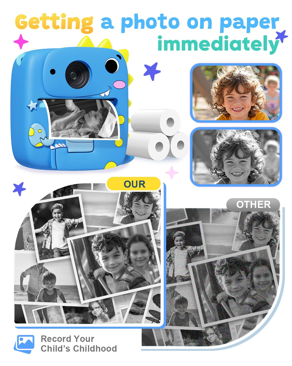 Kids Camera Instant Print,1080P Kids Digital Camera,Girls Gifts Toys Age 3+
