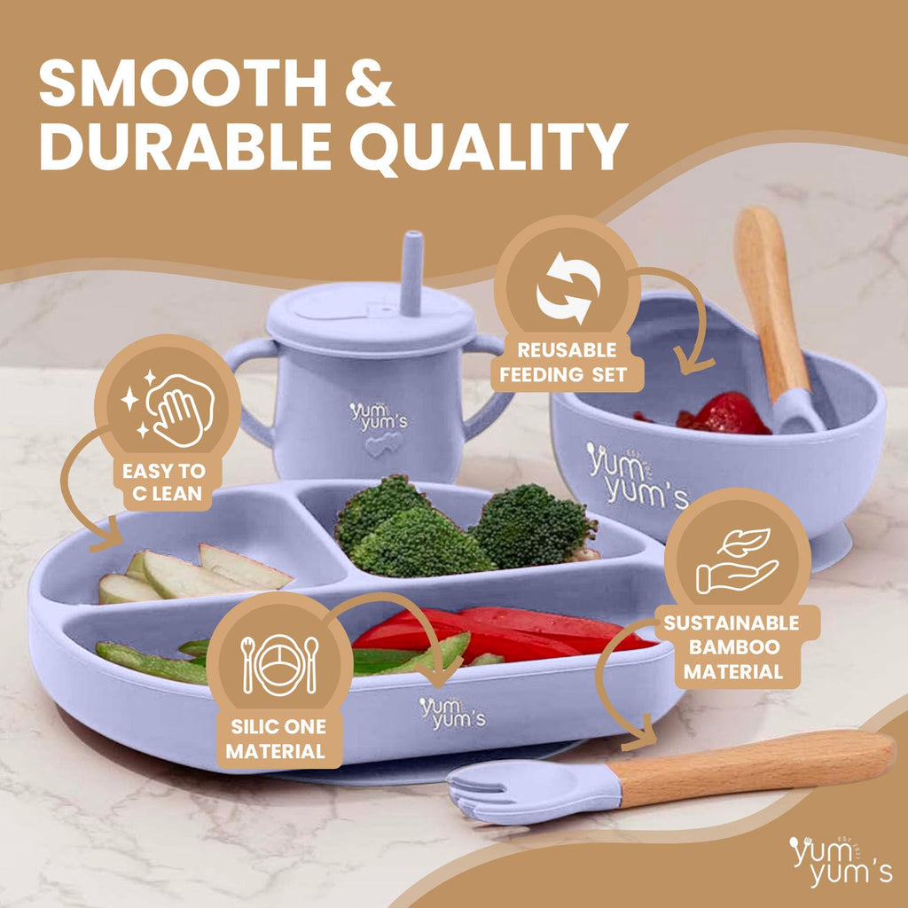 Yum Yum's Baby 10 Pcs Blue Weaning Set - Complete Toddler Feeding Kit w/Sectioned Plate, Suction Bowls, Cutlery with Mouth Guard, Straw Cup, Bib & Mat - Non-Slip - for Toddlers & Baby Gift