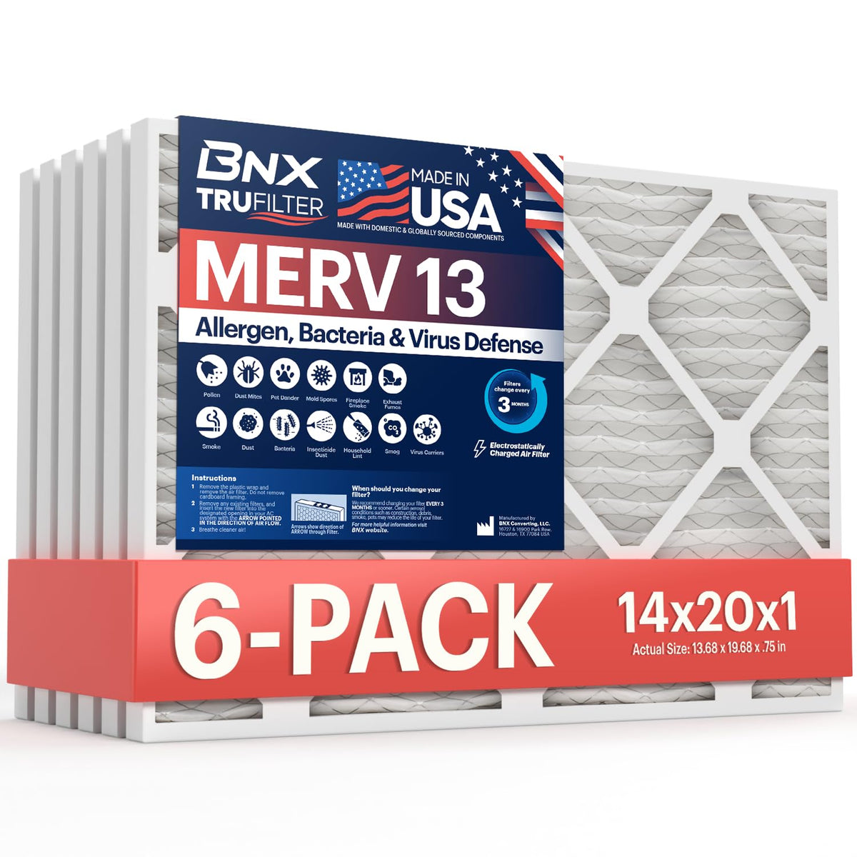 BNX TruFilter 20x20x1 Air Filter MERV 13 Smoke, Allergy, Pet Defense 6-Pack