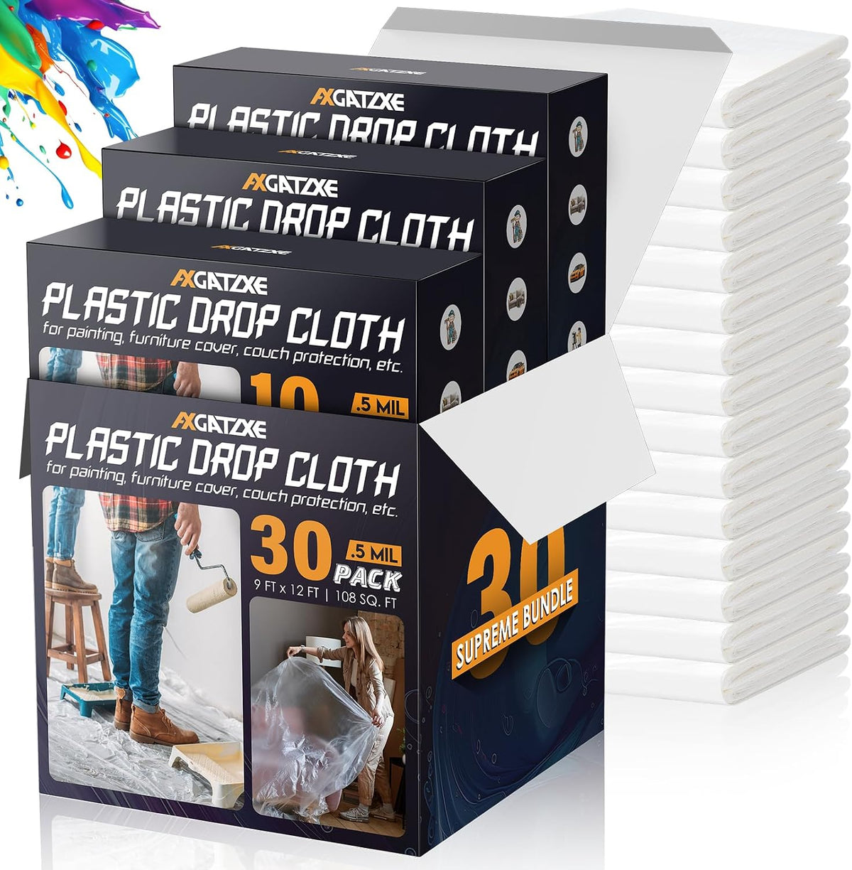 Axgatoxe 12 x 9 Ft Plastic Drop Cloths for Painting (10-Pack)