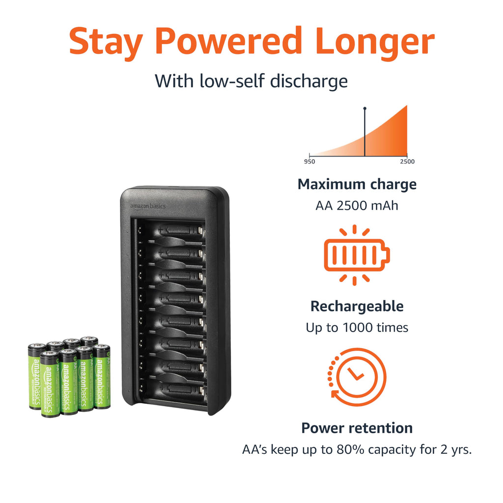 Amazon Basics Battery Charger for Rechargeable AA and AAA NiMh Batteries – UK Plug, 4-Bay, Black
