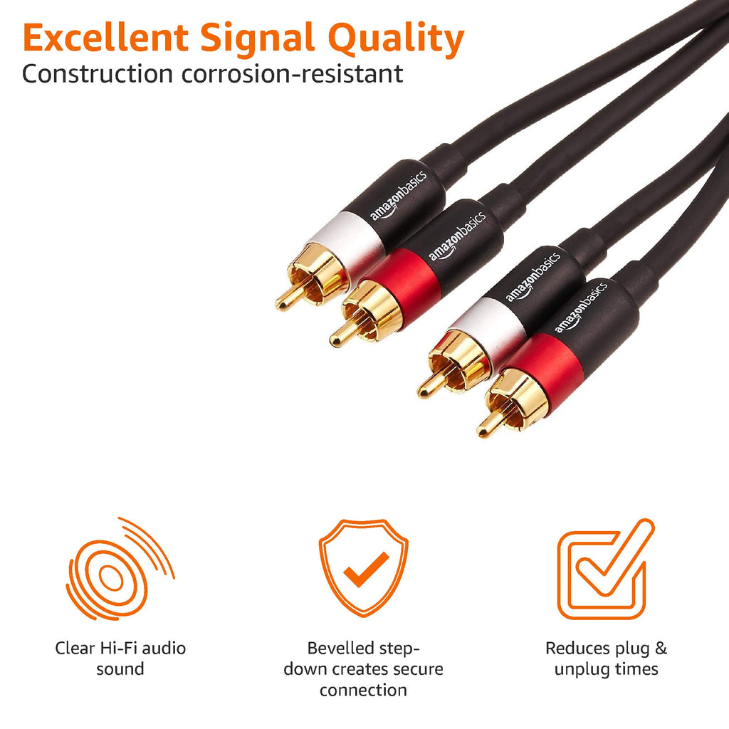 Amazon Basics 2 RCA Cables for Amplifier, Active Speakers or Subwoofer, 1.2 m, Black